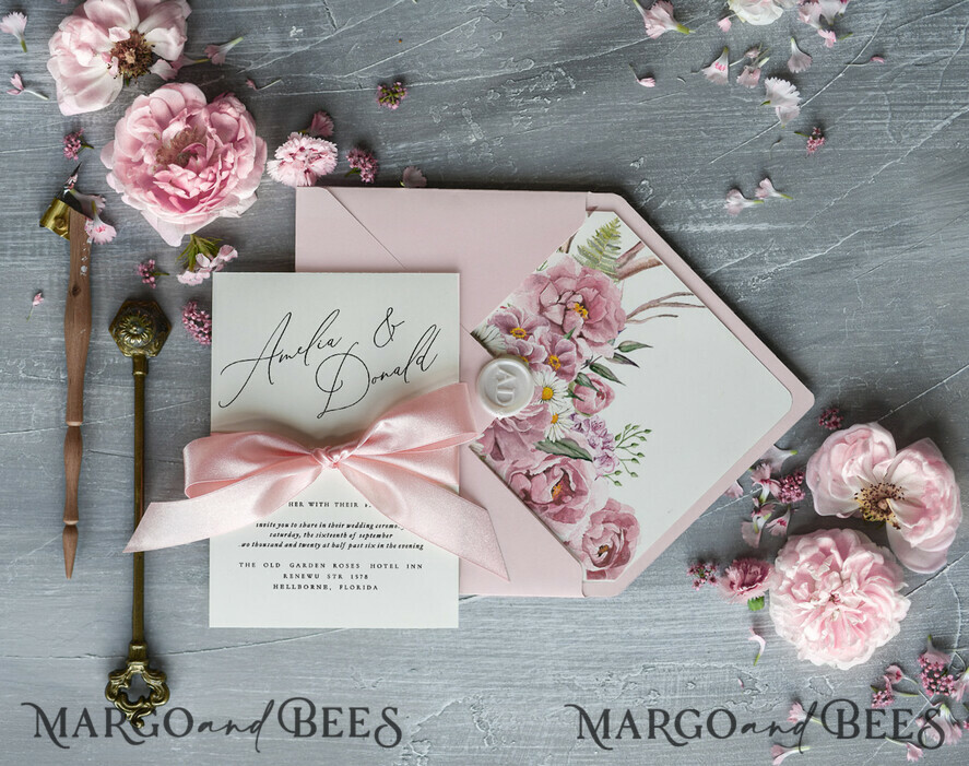 WEDDING INVITATIONS Modern Invites Floral Cards Blush pink wedding invitations, pink wedding invitations, floral wedding invitations, floral wedding stationery, floral wedding accessories, pink wedding stationery, pink wedding accessories, calligraphy, pink ribbon, pink bow, romantic wedding invitations, floral envelope liner, peony wedding invitations, peonies wedding invitations, romantic wedding, garden wedding, blush pink wedding cards, blush pink wedding