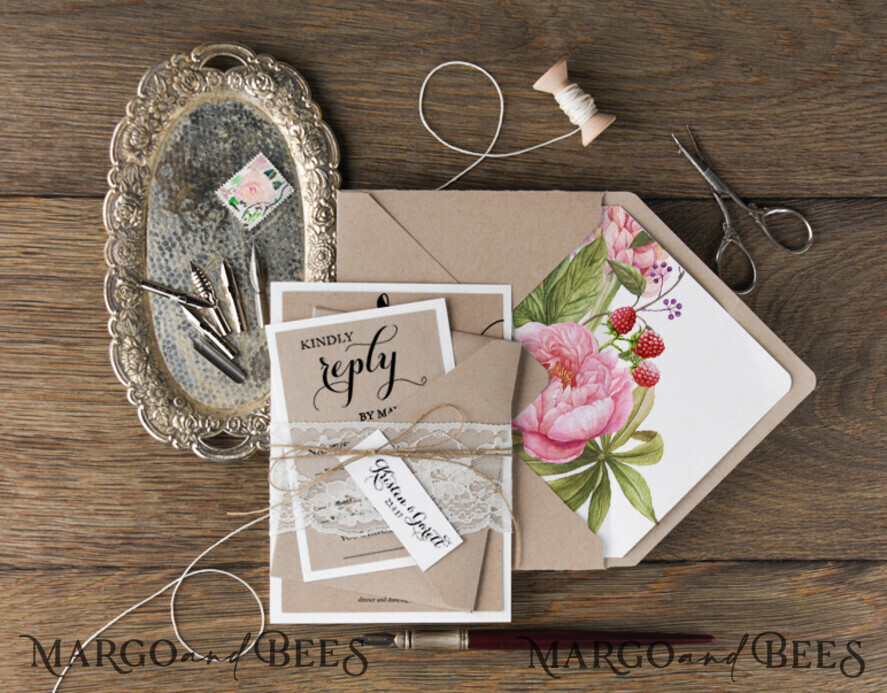 WEDDING INVITATIONS Modern Invites Floral Cards Rustic Wedding Invitations Real Lace Invites Personalized Peony Stationery