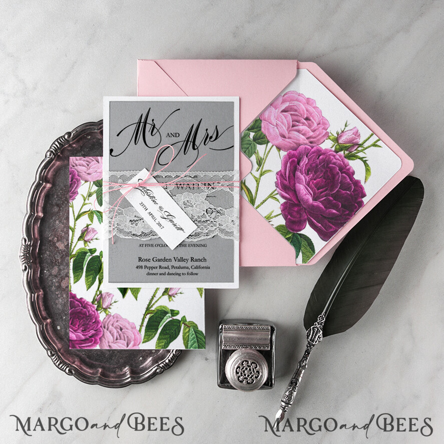 WEDDING INVITATIONS Modern Invites Floral Cards Elegant Wedding Invitations Real Lace Invites Personalized garden roses pink and grey Stationery