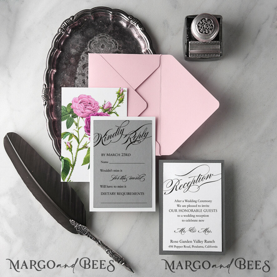 WEDDING INVITATIONS Modern Invites Floral Cards Elegant Wedding Invitations Real Lace Invites Personalized garden roses pink and grey Stationery
