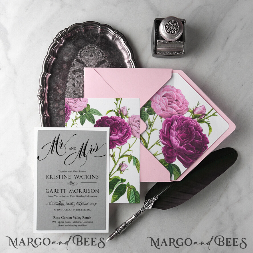 WEDDING INVITATIONS Modern Invites Floral Cards Elegant Wedding Invitations Real Lace Invites Personalized garden roses pink and grey Stationery