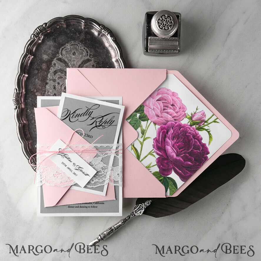 WEDDING INVITATIONS Modern Invites Floral Cards Elegant Wedding Invitations Real Lace Invites Personalized garden roses pink and grey Stationery