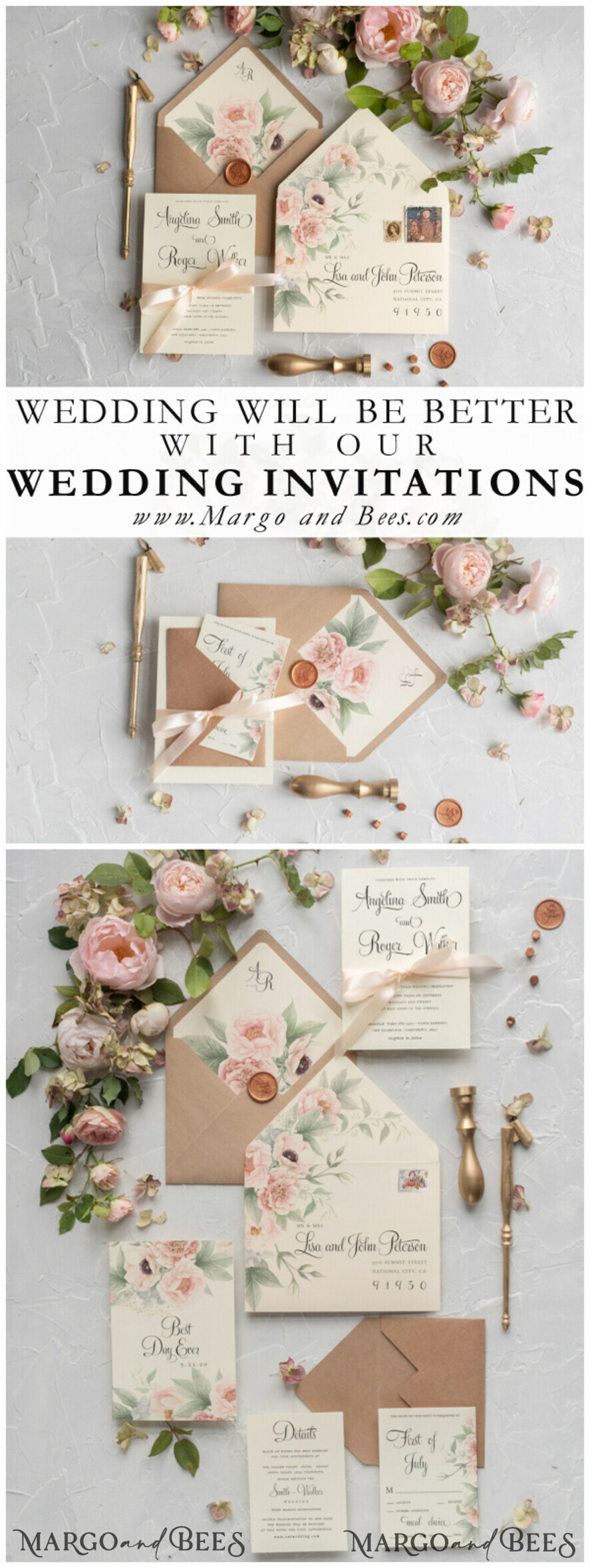 WEDDING INVITATIONS Modern Invites Floral Cards Ecru wedding invitations, ecru wedding stationery, ecru wedding accessories, floral wedding invitations, peony wedding invitations, spring wedding invitations, recycled paper wedding invitations, peach ribbon, peach bow, floral wedding cards, floral wedding accessories, floral wedding stationery, ecru cards, calligraphy, romantic wedding invitations, bohemian wedding invitations, boho wedding invitations, boho wedding