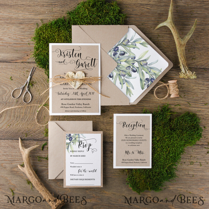 WEDDING INVITATIONS Modern Invites Floral Cards Tuscany Wedding Invitations Olive Branch Invites Personalized Eco Craft Stationery fot Italian Wedding