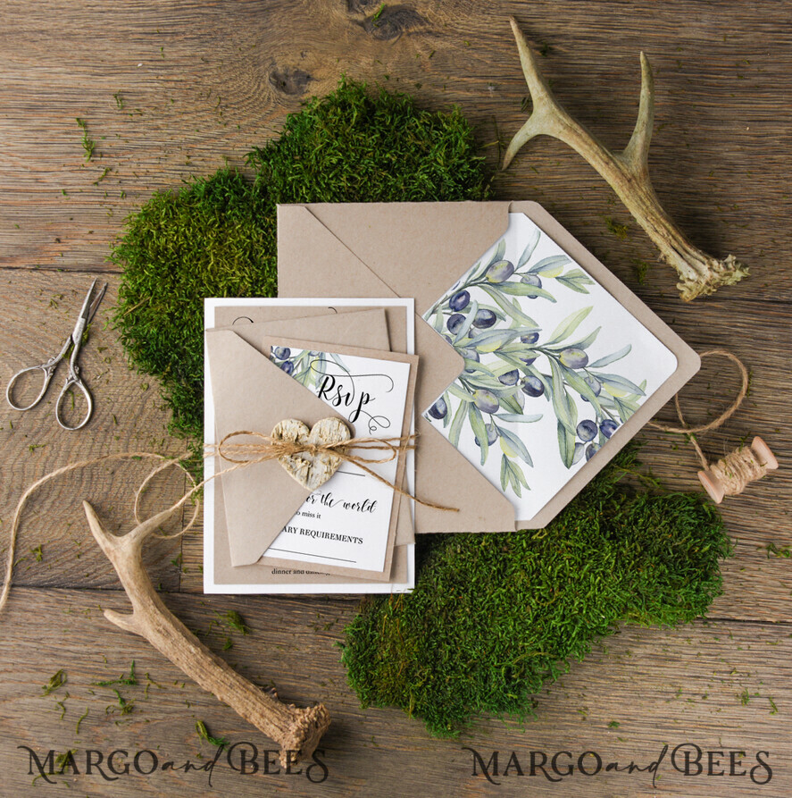 WEDDING INVITATIONS Modern Invites Floral Cards Tuscany Wedding Invitations Olive Branch Invites Personalized Eco Craft Stationery fot Italian Wedding