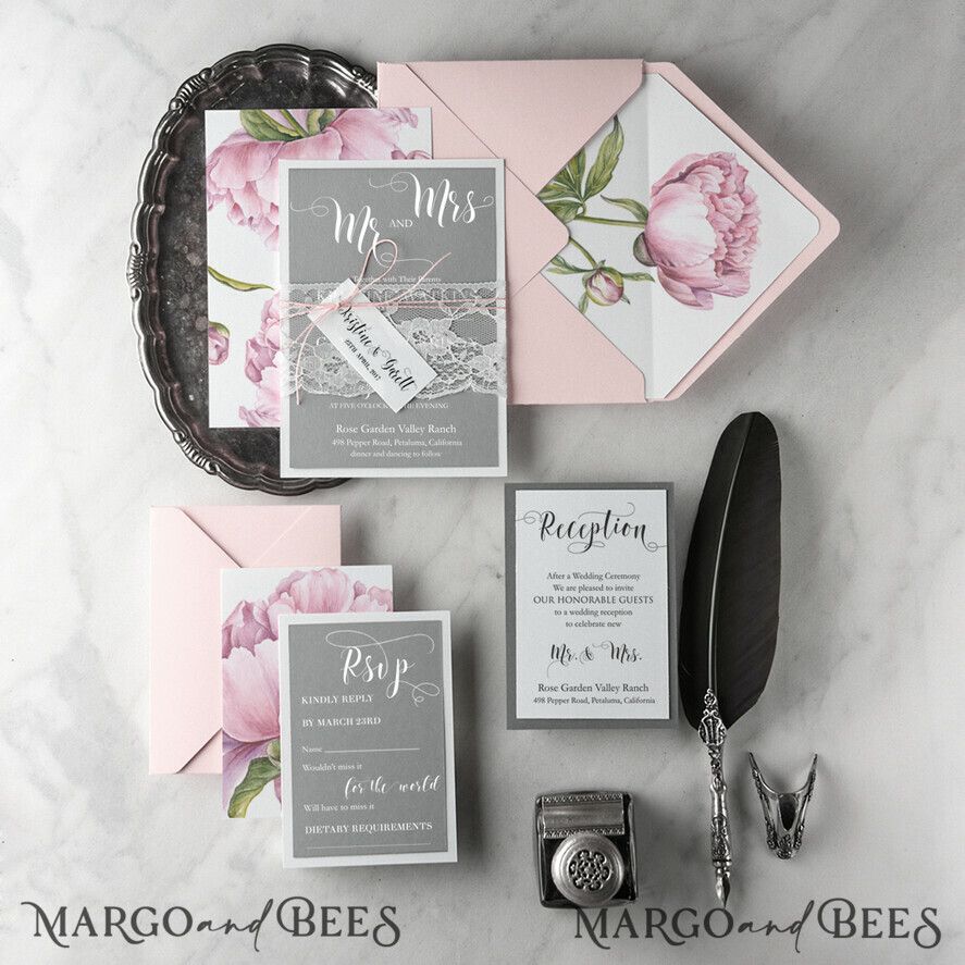 WEDDING INVITATIONS Modern Invites Floral Cards Romantic Wedding Invitations Real Lace Invites Personalized Pink stationery
