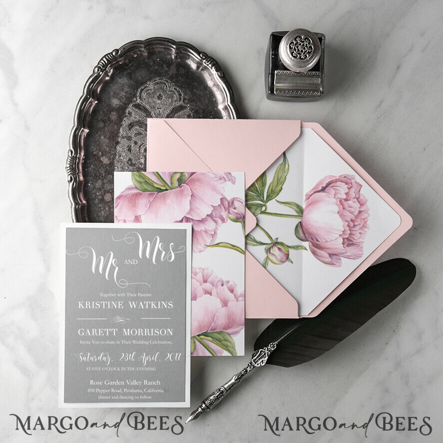 WEDDING INVITATIONS Modern Invites Floral Cards Romantic Wedding Invitations Real Lace Invites Personalized Pink stationery