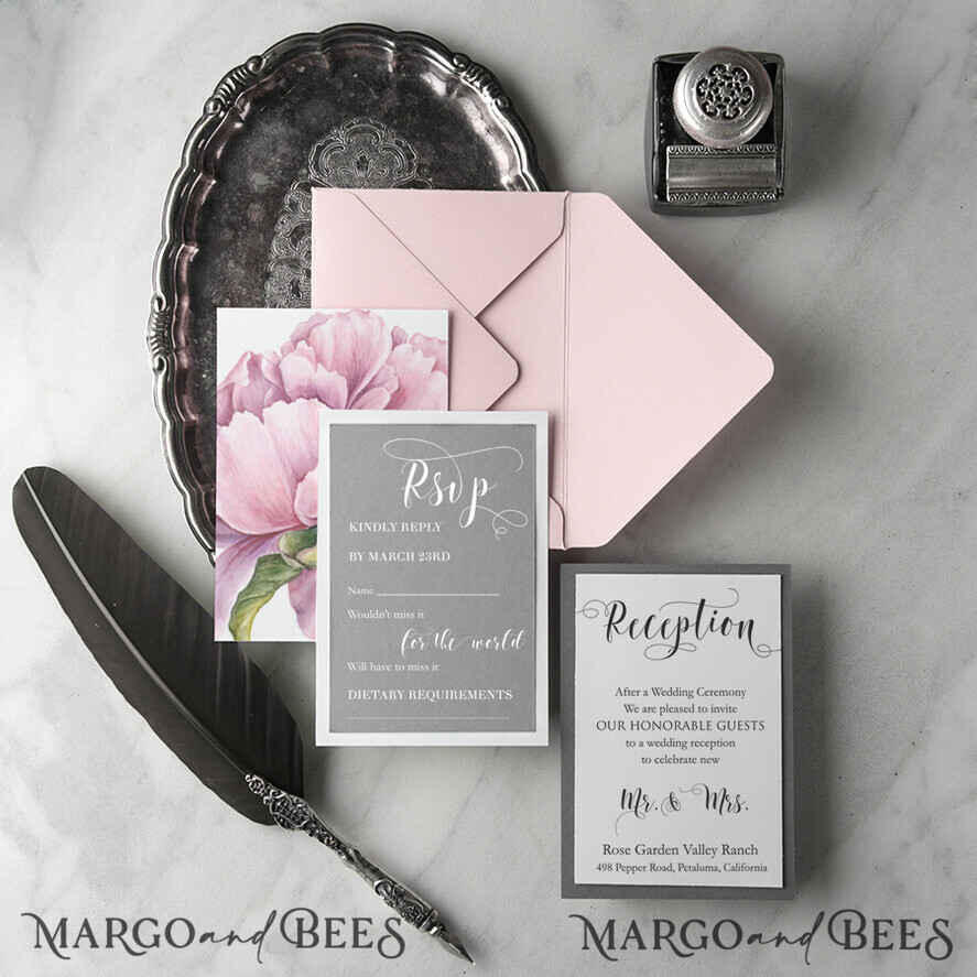 WEDDING INVITATIONS Modern Invites Floral Cards Romantic Wedding Invitations Real Lace Invites Personalized Pink stationery