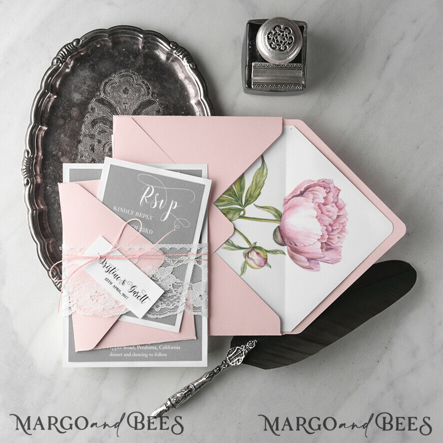 WEDDING INVITATIONS Modern Invites Floral Cards Romantic Wedding Invitations Real Lace Invites Personalized Pink stationery