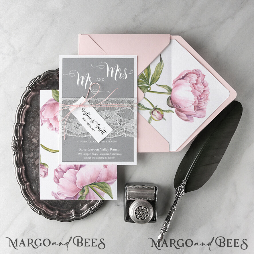 WEDDING INVITATIONS Modern Invites Floral Cards Romantic Wedding Invitations Real Lace Invites Personalized Pink stationery