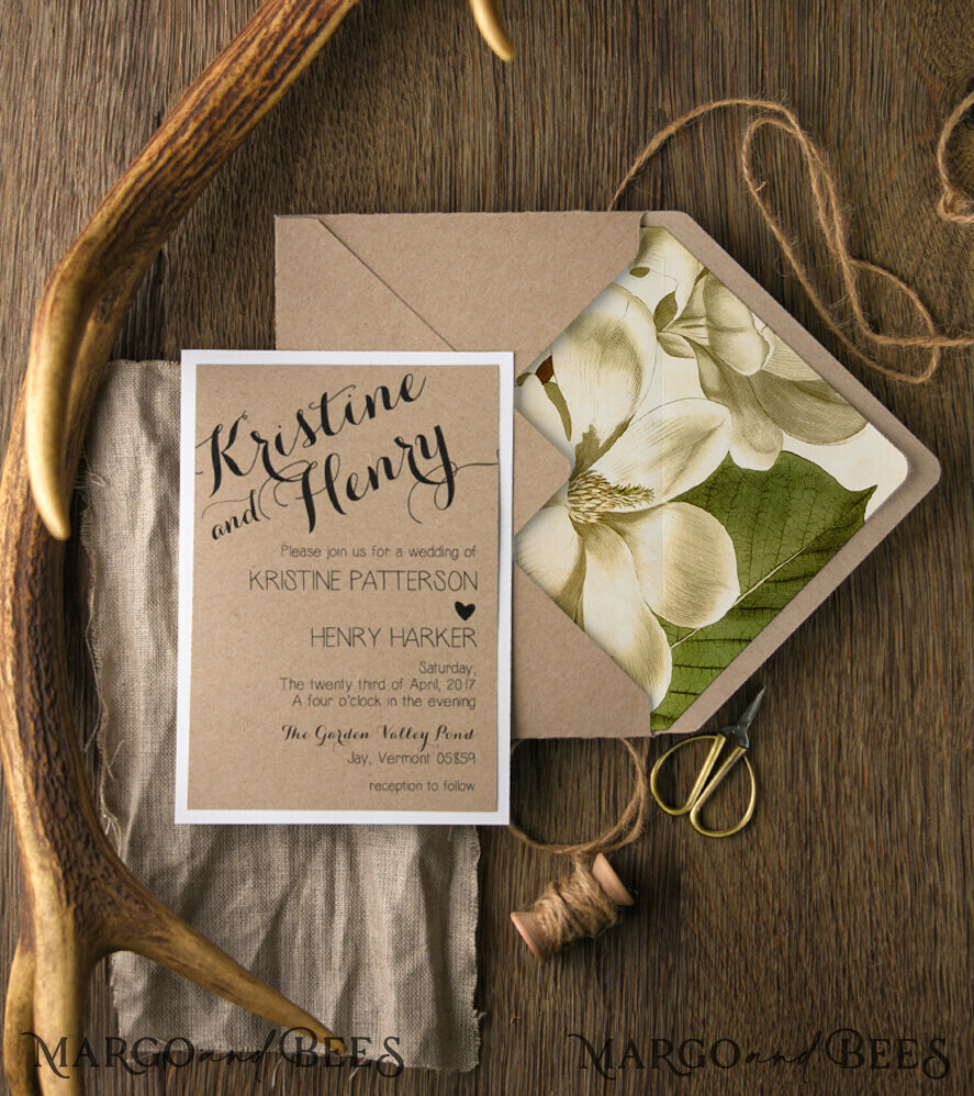 WEDDING INVITATIONS Modern Invites Floral Cards rustic Wedding Invitations magnolia Stationery craft Envelope burlap belly band and wooden slice tag