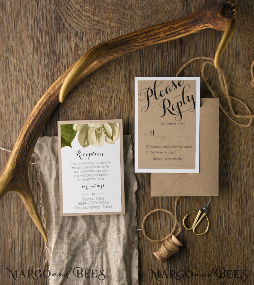 WEDDING INVITATIONS Modern Invites Floral Cards rustic Wedding Invitations magnolia Stationery craft Envelope burlap belly band and wooden slice tag