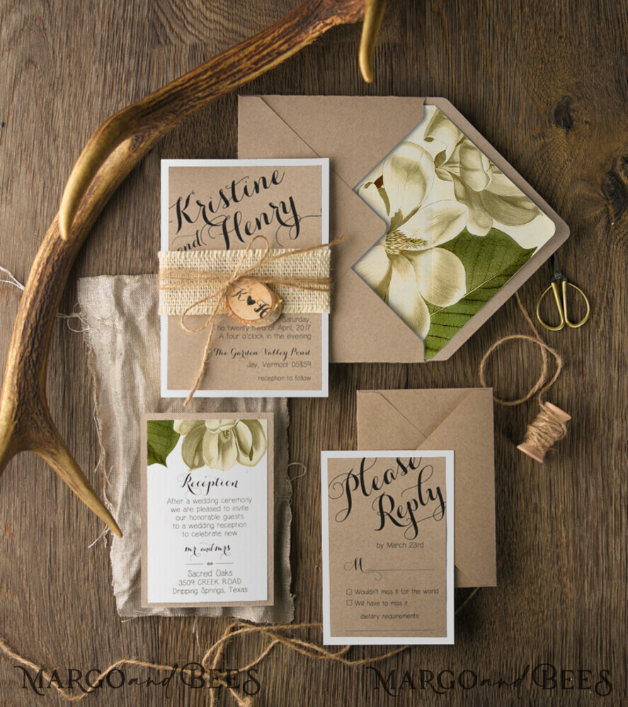 WEDDING INVITATIONS Modern Invites Floral Cards rustic Wedding Invitations magnolia Stationery craft Envelope burlap belly band and wooden slice tag