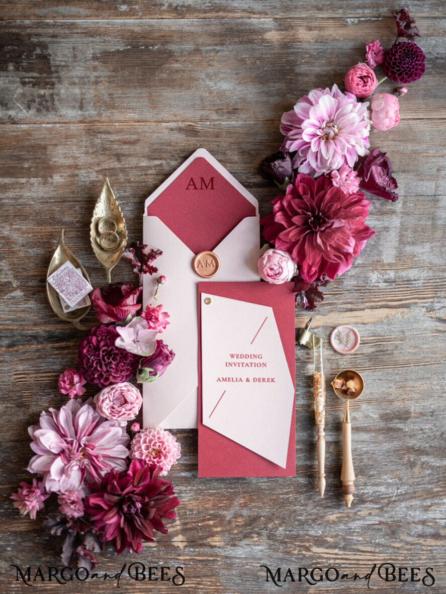 WEDDING INVITATIONS Modern Invites Floral Cards Geometric wedding invitations, geometric cards, marsala wedding invitations, blush pink wedding invitations, red and blush pink wedding invitations, geometrical design, red wedding invitations, blush pink envelope, red envelope liner, red lettering, blush pink and red wedding invitations, pink and red wedding invitations, geometric stationery, geometric accessories, red wedding stationery, pink wedding stationery, pink wedding accessories