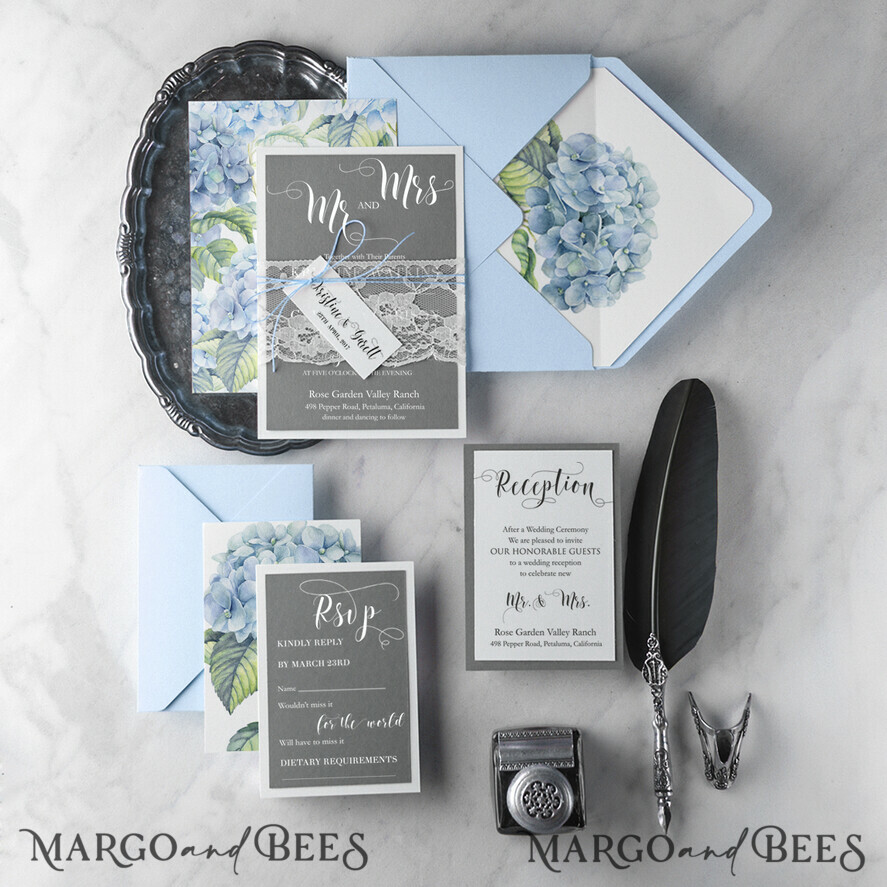 WEDDING INVITATIONS Modern Invites Floral Cards Romantic Wedding Invitations Real Lace Invites Personalized Blue Stationery