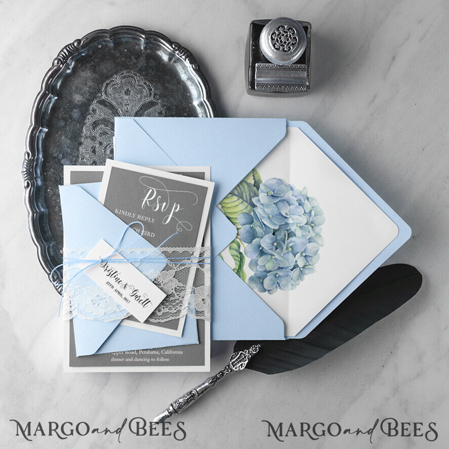 WEDDING INVITATIONS Modern Invites Floral Cards Romantic Wedding Invitations Real Lace Invites Personalized Blue Stationery