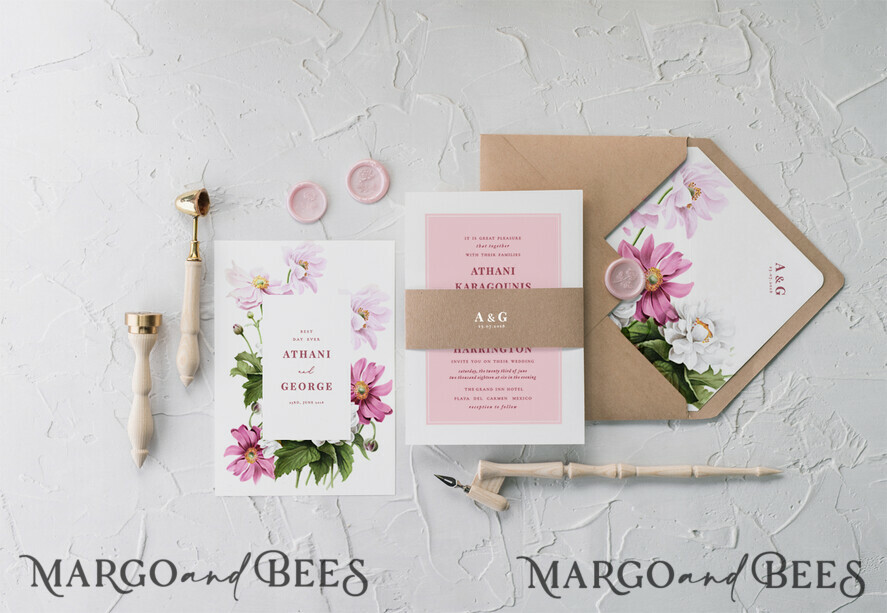 WEDDING INVITATIONS Modern Invites Floral Cards Blush pink wedding invitations, pink wedding invitations, white wedding invitations, floral wedding invitations, floral wedding stationery, wedding floral accessories, recycled paper, recycled paper wedding invitations, pink flowers, romantic wedding invitations, white lettering, pink lettering, floral envelope liner, belly band, white and pink wedding invitations, romantic wedding invitations, cheap wedding stationery