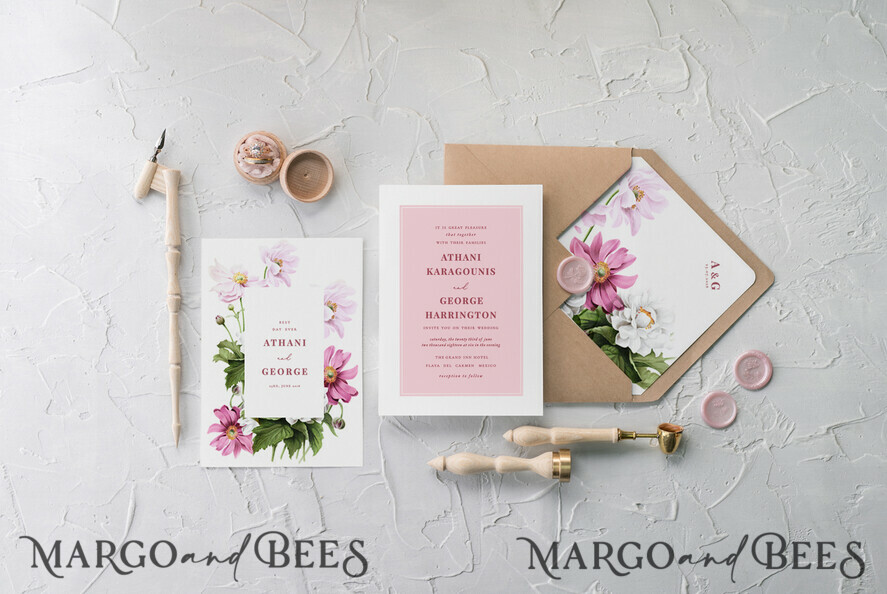 WEDDING INVITATIONS Modern Invites Floral Cards Blush pink wedding invitations, pink wedding invitations, white wedding invitations, floral wedding invitations, floral wedding stationery, wedding floral accessories, recycled paper, recycled paper wedding invitations, pink flowers, romantic wedding invitations, white lettering, pink lettering, floral envelope liner, belly band, white and pink wedding invitations, romantic wedding invitations, cheap wedding stationery