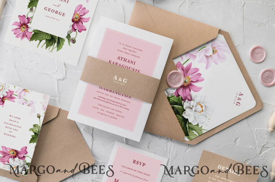 WEDDING INVITATIONS Modern Invites Floral Cards Blush pink wedding invitations, pink wedding invitations, white wedding invitations, floral wedding invitations, floral wedding stationery, wedding floral accessories, recycled paper, recycled paper wedding invitations, pink flowers, romantic wedding invitations, white lettering, pink lettering, floral envelope liner, belly band, white and pink wedding invitations, romantic wedding invitations, cheap wedding stationery