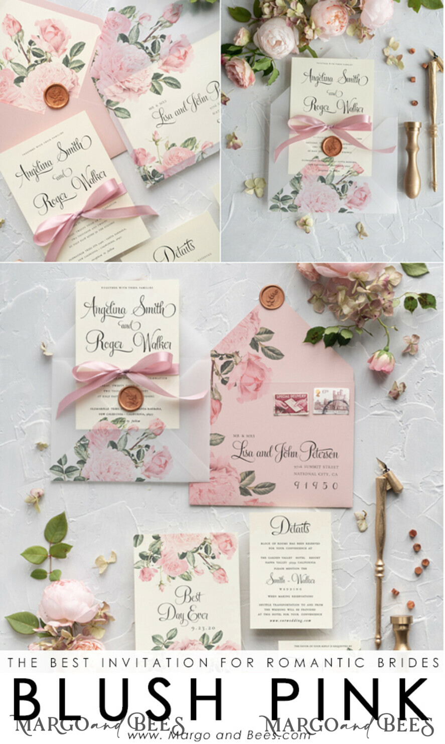 WEDDING INVITATIONS Modern Invites Floral Cards Blush pink wedding invitations, blush pink wedding cards, blush pink wedding stationery, blush pink wedding accessories, ecru wedding invitations, ecru wedding accessories, peony wedding invitations, peony wedding cards, peony wedding accessories, pink ribbon, wedding invitations with bow, elegant wedding invitations, spring flowers, spring wedding invitations, vintage flower illustration, floral wedding invitations, floral wedding, boho wedding invitations