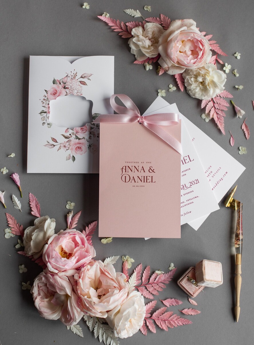 HOCHZEITS EINLADUNGEN Moderne Einladungen Florale Karten Elegante Hochzeitskarten in zartem Rosé, glamouröse arabische Pocket-Hochzeitseinladungen, moderne florale Hochzeitskarten, minimalistische Hochzeitsinvitationen.