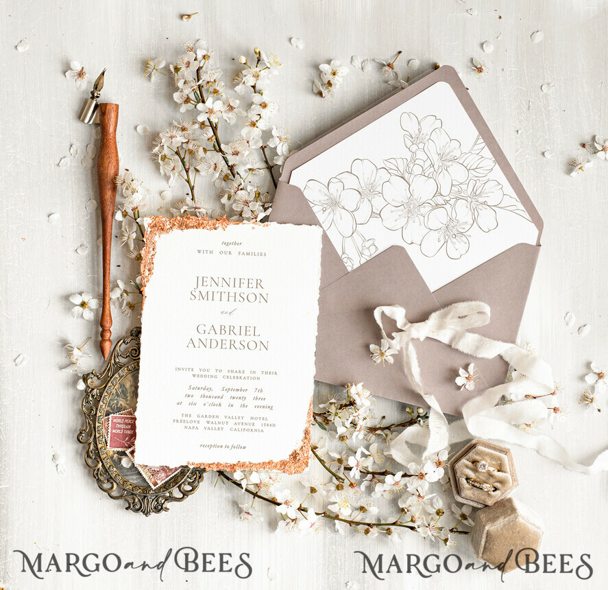 WEDDING INVITATIONS Modern Invites Floral Cards Luxury wedding invitation satin ribbon, Elegant wedding invitations, Fine Art Wedding Invitation Suite , Golden deckled edge paper wedding Invites
