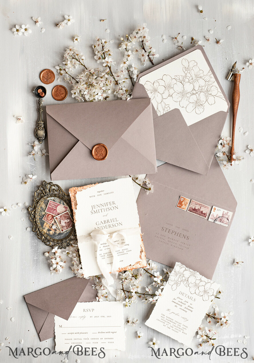 WEDDING INVITATIONS Modern Invites Floral Cards Luxury wedding invitation satin ribbon, Elegant wedding invitations, Fine Art Wedding Invitation Suite , Golden deckled edge paper wedding Invites