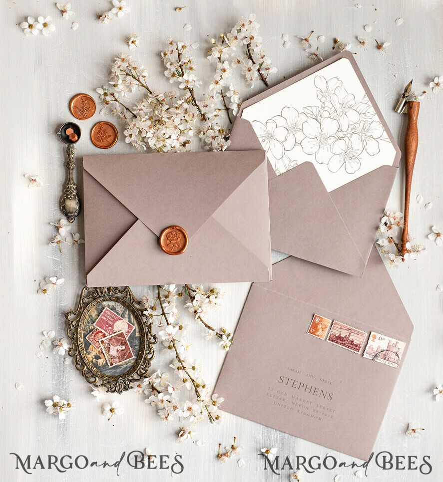 WEDDING INVITATIONS Modern Invites Floral Cards Luxury wedding invitation satin ribbon, Elegant wedding invitations, Fine Art Wedding Invitation Suite , Golden deckled edge paper wedding Invites