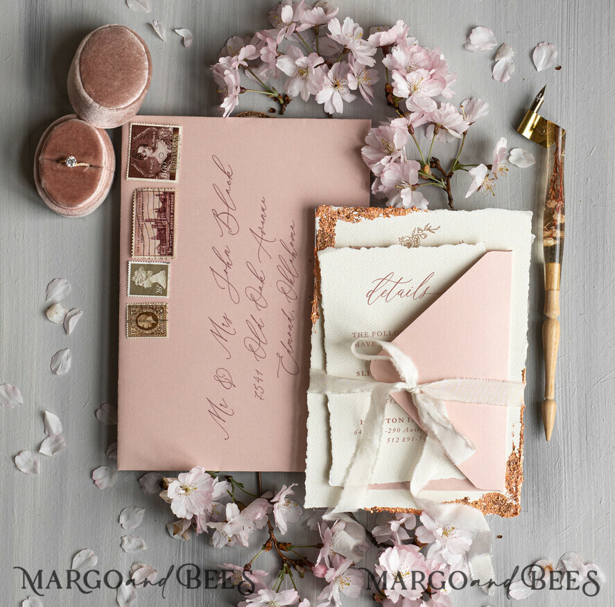 WEDDING INVITATIONS Modern Invites Floral Cards Personalised wedding invitation velvet ribbon, Elegant wedding invitations, Fine Art Wedding Invitation Suite, Golden deckled edge paper wedding Invites