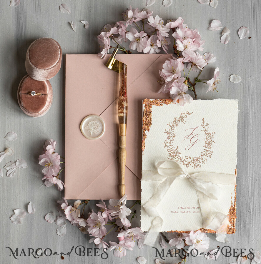 WEDDING INVITATIONS Modern Invites Floral Cards Personalised wedding invitation velvet ribbon, Elegant wedding invitations, Fine Art Wedding Invitation Suite, Golden deckled edge paper wedding Invites