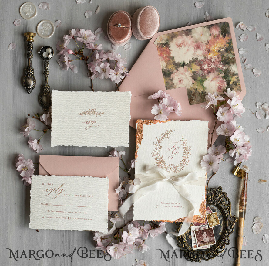 WEDDING INVITATIONS Modern Invites Floral Cards Personalised wedding invitation velvet ribbon, Elegant wedding invitations, Fine Art Wedding Invitation Suite, Golden deckled edge paper wedding Invites