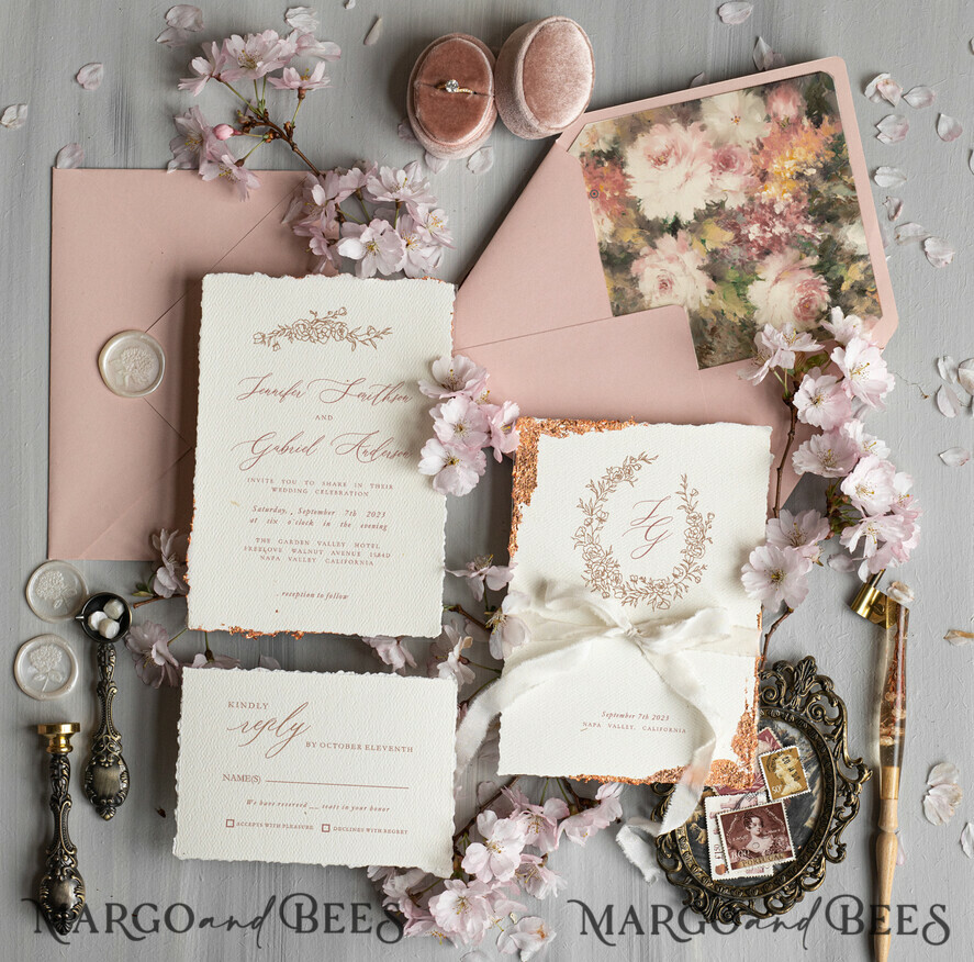 WEDDING INVITATIONS Modern Invites Floral Cards Personalised wedding invitation velvet ribbon, Elegant wedding invitations, Fine Art Wedding Invitation Suite, Golden deckled edge paper wedding Invites