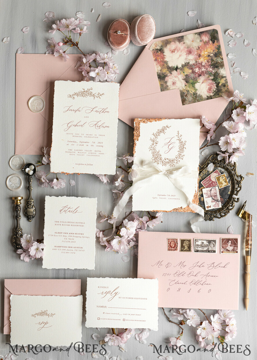 WEDDING INVITATIONS Modern Invites Floral Cards Personalised wedding invitation velvet ribbon, Elegant wedding invitations, Fine Art Wedding Invitation Suite, Golden deckled edge paper wedding Invites