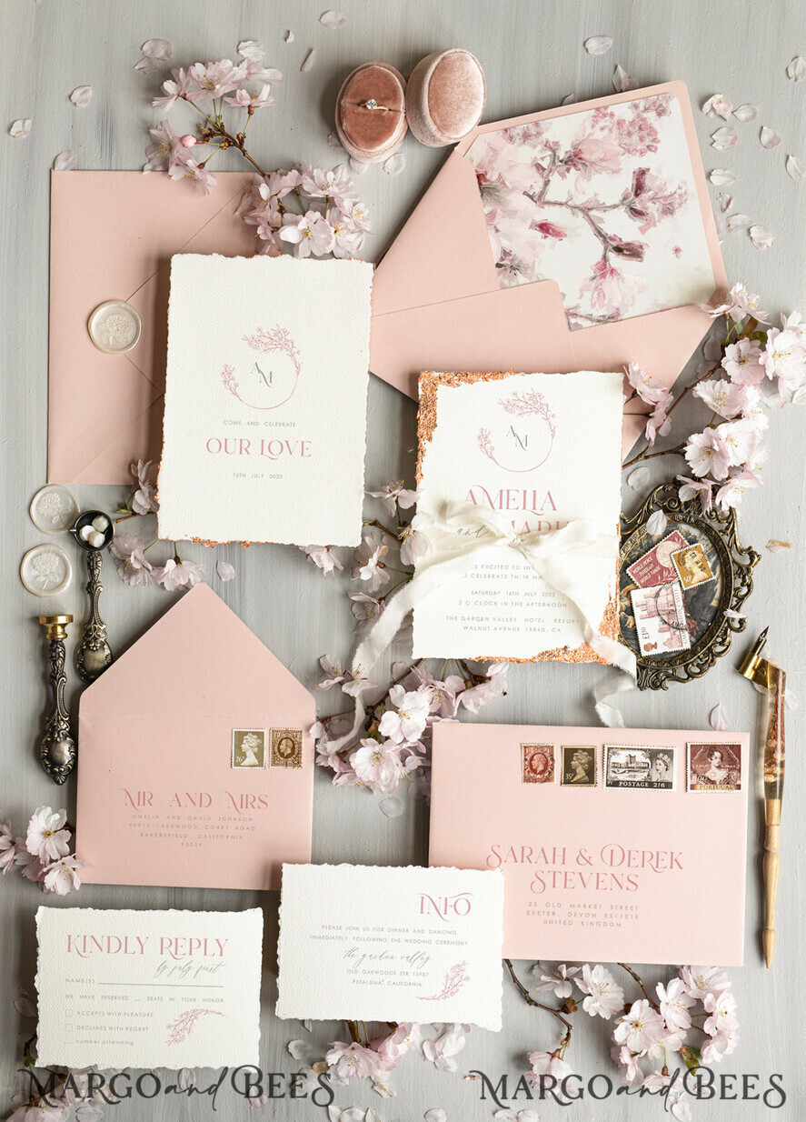 WEDDING INVITATIONS Modern Invites Floral Cards Personalised wedding invitation satin ribbon, Elegant wedding invitations, Fine Art Wedding Invitation Suite , Golden deckled edge paper wedding Invites