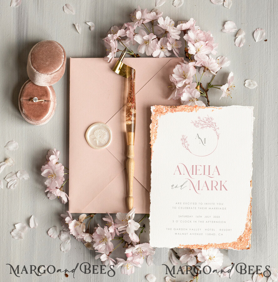 WEDDING INVITATIONS Modern Invites Floral Cards Personalised wedding invitation satin ribbon, Elegant wedding invitations, Fine Art Wedding Invitation Suite , Golden deckled edge paper wedding Invites