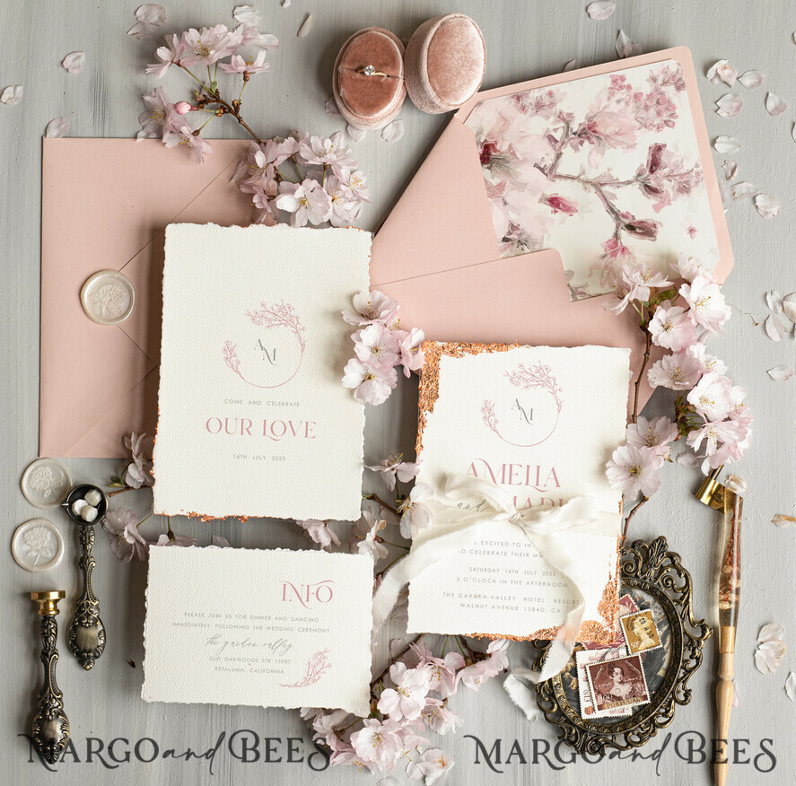 WEDDING INVITATIONS Modern Invites Floral Cards Personalised wedding invitation satin ribbon, Elegant wedding invitations, Fine Art Wedding Invitation Suite , Golden deckled edge paper wedding Invites