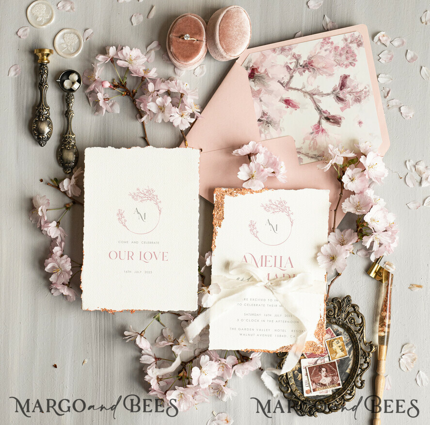 WEDDING INVITATIONS Modern Invites Floral Cards Personalised wedding invitation satin ribbon, Elegant wedding invitations, Fine Art Wedding Invitation Suite , Golden deckled edge paper wedding Invites