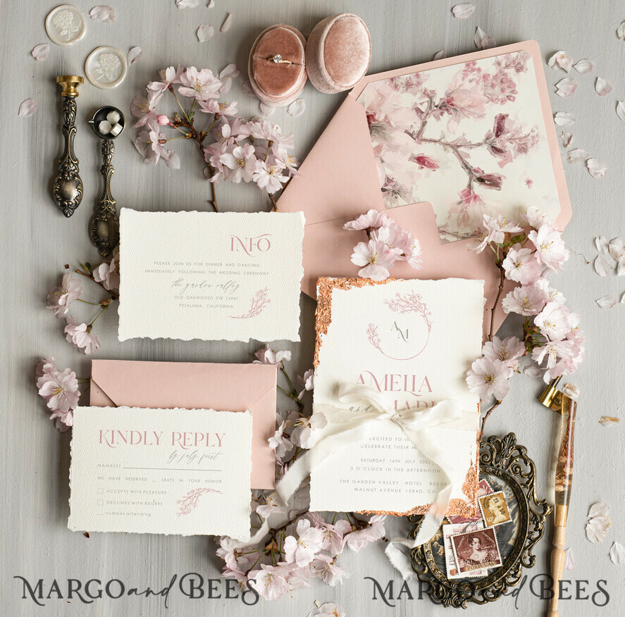 WEDDING INVITATIONS Modern Invites Floral Cards Personalised wedding invitation satin ribbon, Elegant wedding invitations, Fine Art Wedding Invitation Suite , Golden deckled edge paper wedding Invites