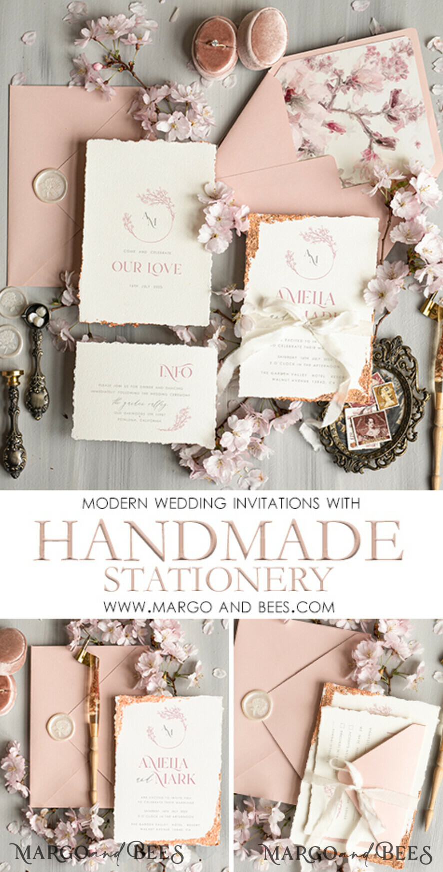 WEDDING INVITATIONS Modern Invites Floral Cards Personalised wedding invitation satin ribbon, Elegant wedding invitations, Fine Art Wedding Invitation Suite , Golden deckled edge paper wedding Invites