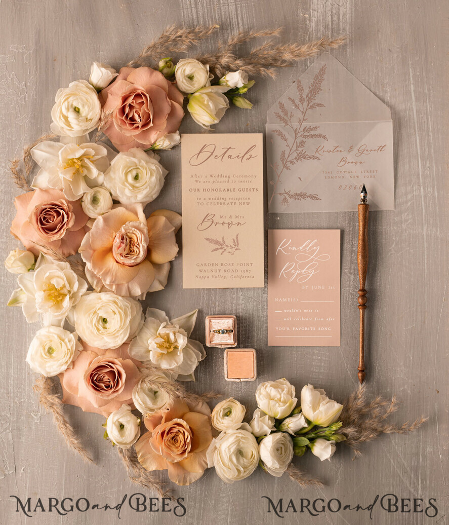 WEDDING INVITATIONS Modern Invites Floral Cards Chic wedding invitations handmade with wax seal and pampas grass