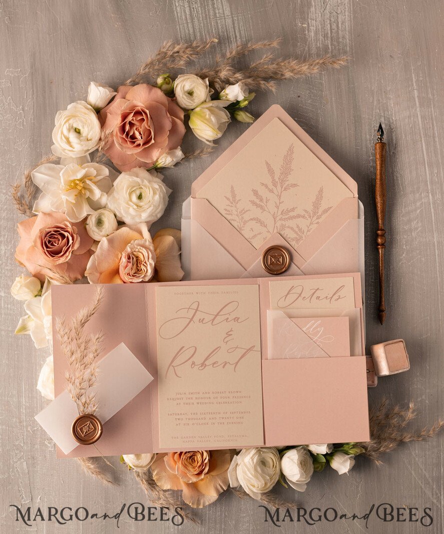 WEDDING INVITATIONS Modern Invites Floral Cards Chic wedding invitations handmade with wax seal and pampas grass