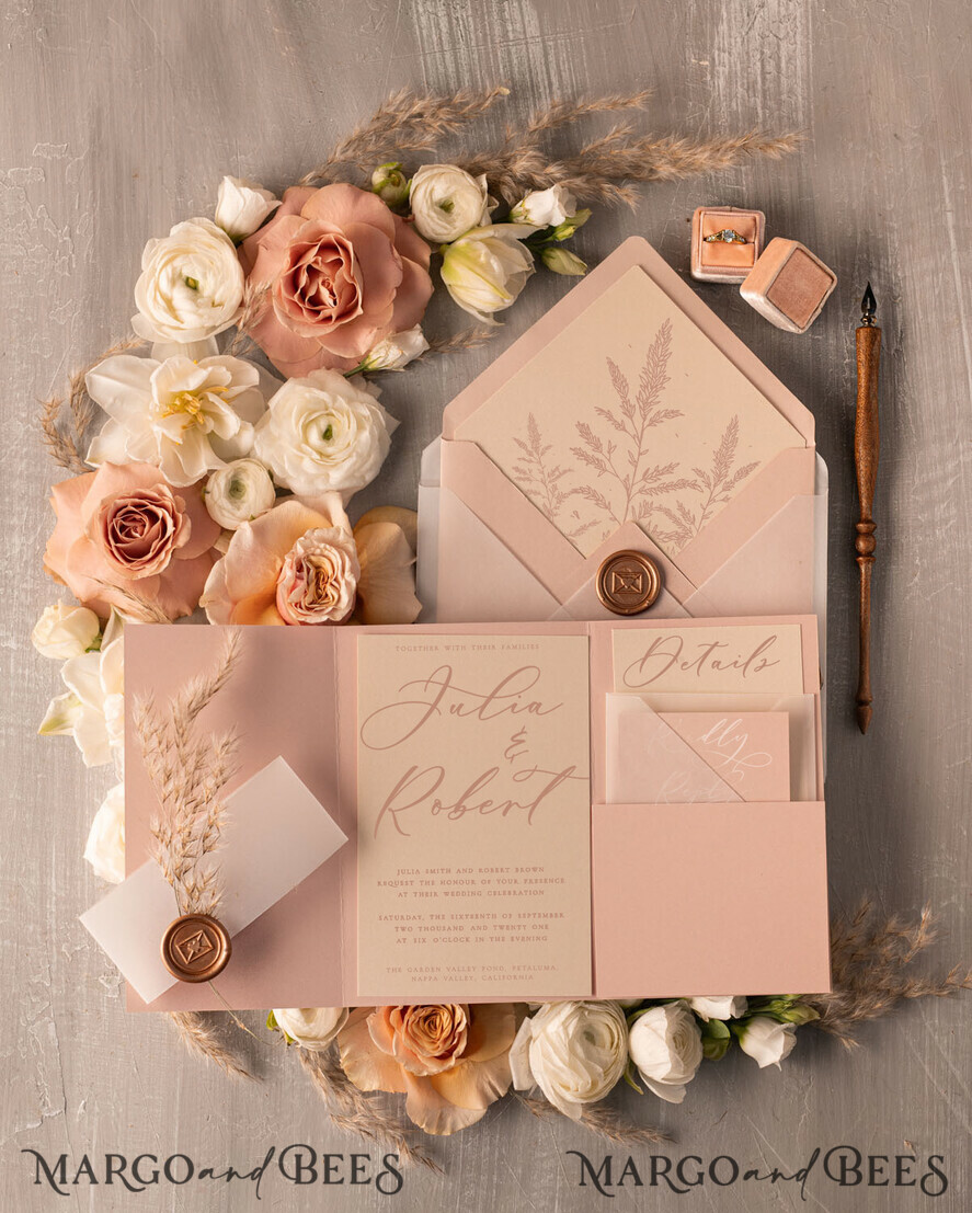 WEDDING INVITATIONS Modern Invites Floral Cards Chic wedding invitations handmade with wax seal and pampas grass