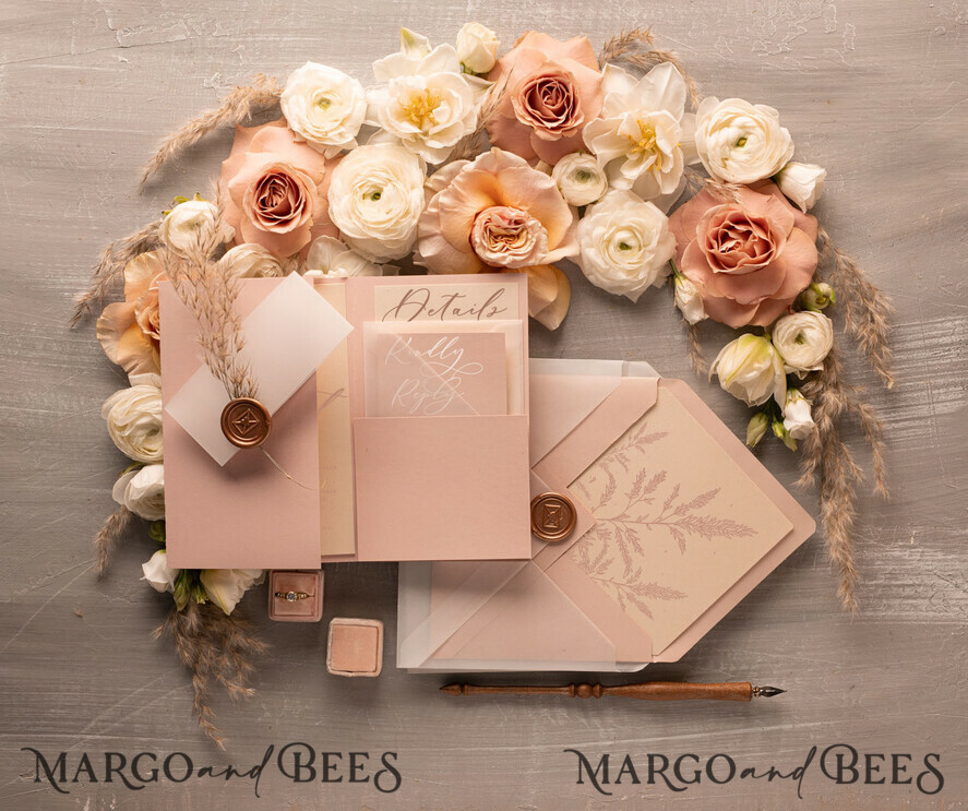 WEDDING INVITATIONS Modern Invites Floral Cards Chic wedding invitations handmade with wax seal and pampas grass
