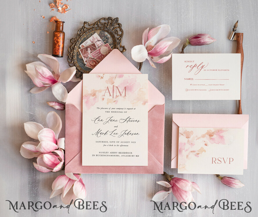 WEDDING INVITATIONS Modern Invites Floral Cards Wedding invitations custom, Elegant Blush Pink Velvet Wedding Invitations velvet envelope, Luxury Wedding Invitation Suite, Romantic Vintage Wedding Cards,