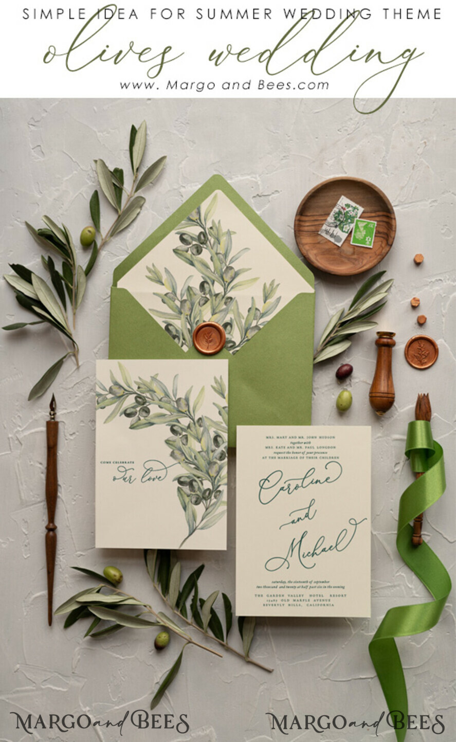 WEDDING INVITATIONS Modern Invites Floral Cards Tusany Olive Wedding Invitations, Olive Italian Wedding Invitation Suite, Modern Tuscan Wedding Invites