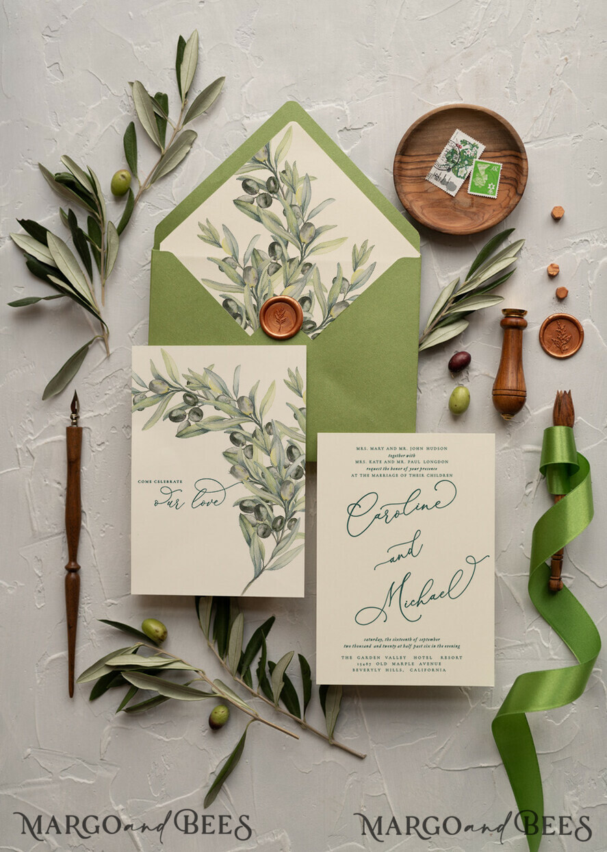 WEDDING INVITATIONS Modern Invites Floral Cards Tusany Olive Wedding Invitations, Olive Italian Wedding Invitation Suite, Modern Tuscan Wedding Invites