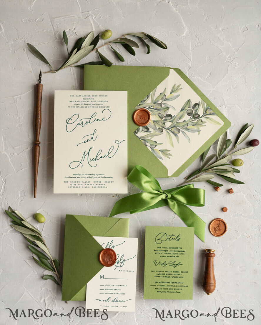 WEDDING INVITATIONS Modern Invites Floral Cards Tusany Olive Wedding Invitations, Olive Italian Wedding Invitation Suite, Modern Tuscan Wedding Invites