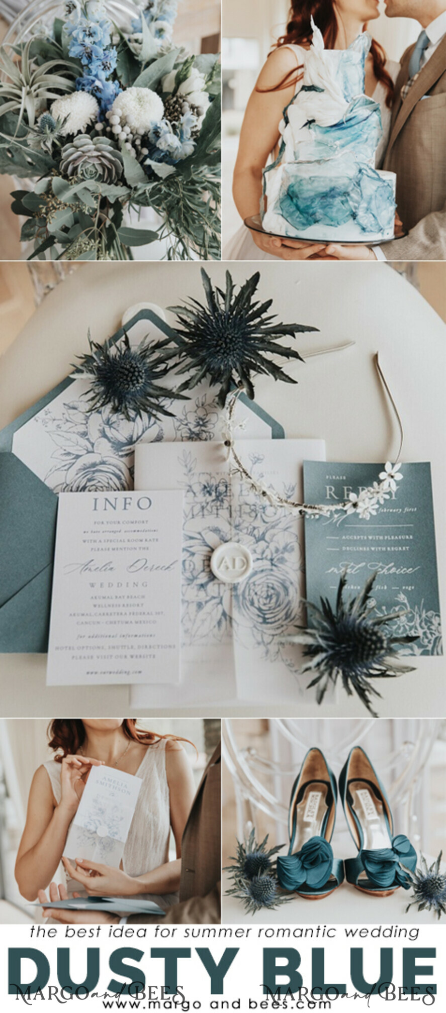 WEDDING INVITATIONS Modern Invites Floral Cards Bespoke wedding invitation vintage flowers dusty blue and white