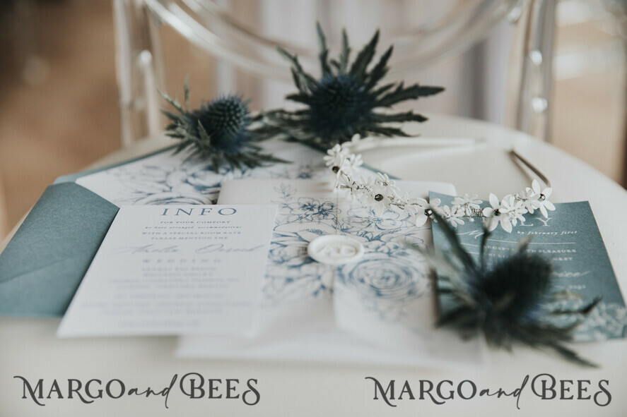WEDDING INVITATIONS Modern Invites Floral Cards Bespoke wedding invitation vintage flowers dusty blue and white