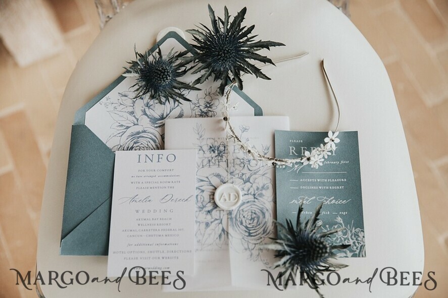 WEDDING INVITATIONS Modern Invites Floral Cards Bespoke wedding invitation vintage flowers dusty blue and white